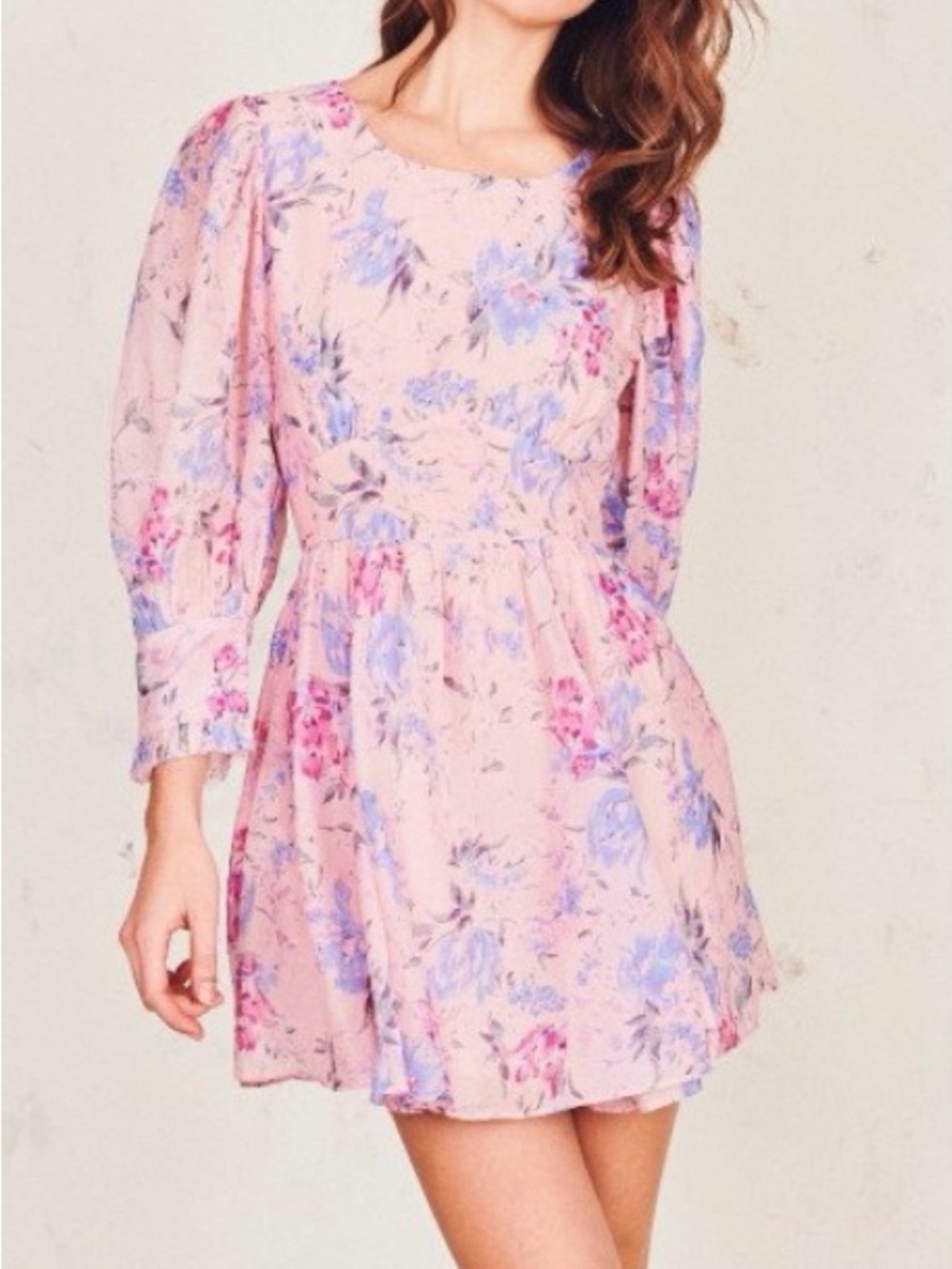 LoveShackFancy Pink Floral Long-Sleeve Mini Dress